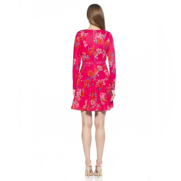 Alexia Admor Alexa Long Sleeve Lace Trim Mini Dress Hot Pink‎ Floral Size 8 - Picture 3 of 11